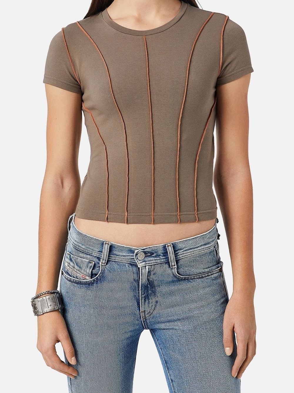 Diesel Olive Cropped Tee with Rust Contrast Seams
